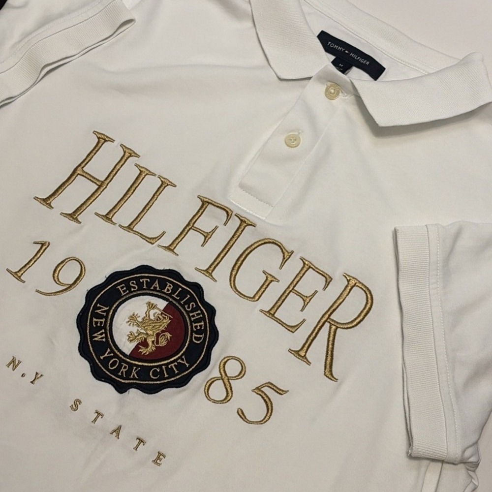Tommy Hilfiger Men's M Short Sleeve Polo Shirt White Spell Out Embroidered Slim